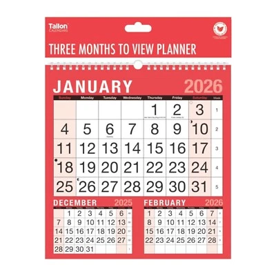 TALLON Three Months To View Planner 2026 Wall Calendar For Office School Wiro Bound