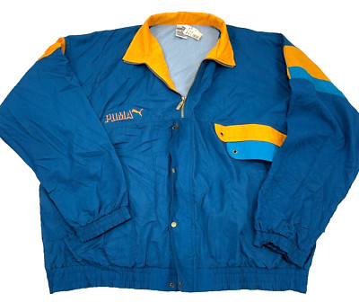 Vintage Puma Jacket Men XL Blue Orange Windbreaker Track Suit 90s Warm Up *