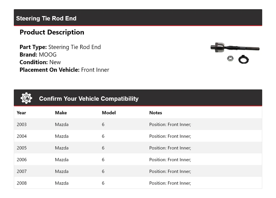 Para 2003-2008 Mazda 6 Vara de Direção Extremidade Frontal Interna MOOG 2003 2004 2005 2006 - Imagem 2 de 4