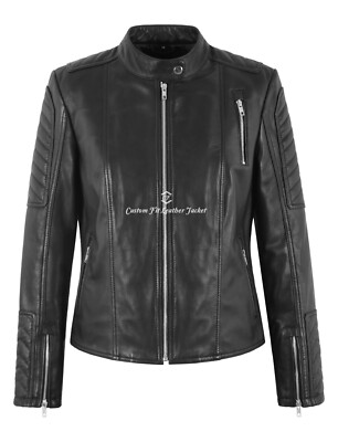 Klassische schwarze Damen-Bikerjacke aus weichem Lammleder Slim Fit Reißverschlüsse Stil