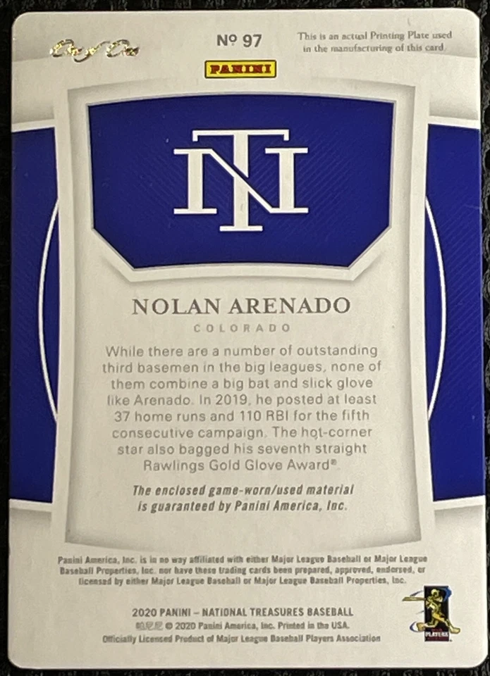1/1 2020 Nolan Arenado Superfractor PrintingPlate GU 3 Color Jsy Natl Treasures - Image 3 of 4
