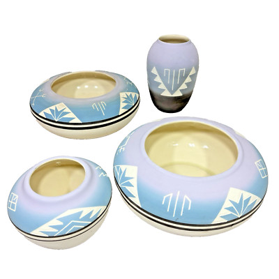 Lakota Art Pottery Lot of 4 Set 10'' Round Bowls 7'' & 4.5''  Vases Bundle
