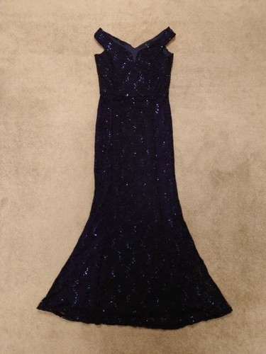 Quiz Navy Blue Lace Sequin Long Evening Dress 12 Off Shouder V-bar Cruise Formal - Picture 8 of 15