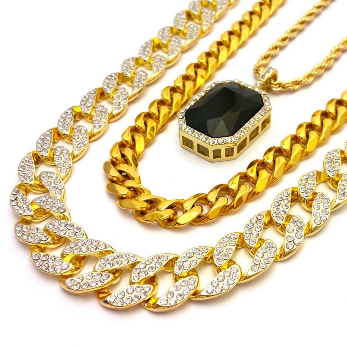 MENS LAB DIAMOND GOLD FINISH MIAMI CUBAN LINK CHAIN COMBO SET 3
