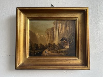 Kleines Ölgemälde Staubbachfall Wasserfall im verzierten gold vergoldeten Rahmen 