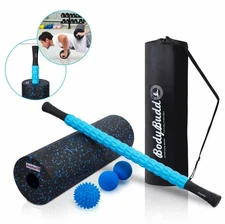 BodyBudd 18" Foam Roller Set with Muscle Roller Stick, Large Peanut Ball & Firm