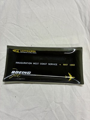 LUFTHANSA GLASS TRAY-INAUGURATION WEST COAST SERVICE -MAY1960-VG-BOEING-6X2 1/2''
