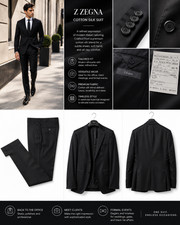 Z ZEGNA City Solid Black All Season Cotton Silk Two Piece Suit 40 7R EU 50 NWT