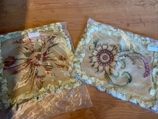 Lot 2 Vintage French Country Flowers Needlepoint Pillow Cases Pink Green Tassles