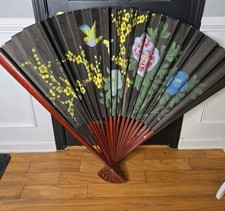 Vintage Oriental Wide Large Folding Fan Hand-Painted 40" Tall 48" Wide