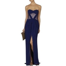 BCBG Max Azria Dress Blue Strapless Lace Corset Front Slit Gown Formal Elegant 2