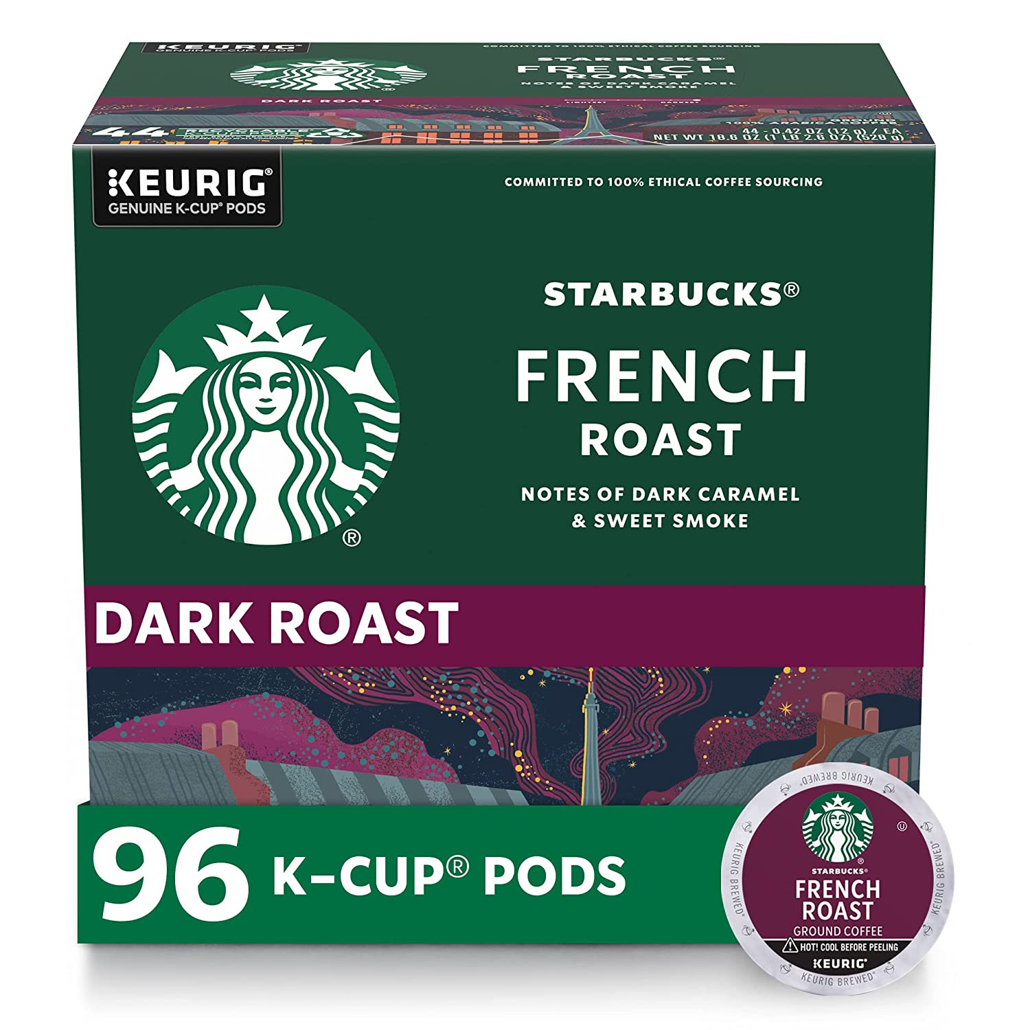 Starbucks K-Cup Coffee Pods, Dark Roast Hot or Iced Coffee, French Roast, 96 Keu