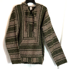 Unisex Sz. M Mexican Baja Pullover Hoodie Artesania Jerga Hippie Green Beige Blk