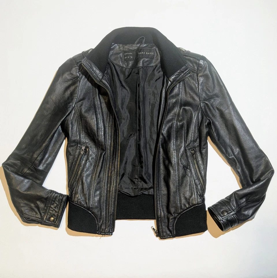 Chaqueta de moto bombardero de cuero genuino negro de cordero ZARA para mujer S se adapta a XS Foto 3 de 4