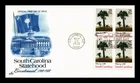 US COVER SOUTH CAROLINA STATEHOOD BICENTENNIAL FIRST DAY ISSUE BLOCK OF 4