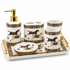 6-pc Greek Horse Bathroom Porcelain Vanity Set, Service for 2, Bone China