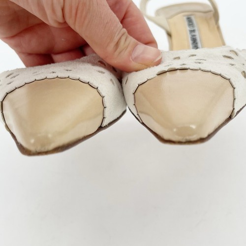 Manolo Blahnik Retro Floral Ojales Beige Punta Puntera Tacón Eslinga IT 40 - Imagen 6 de 10
