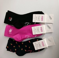 3 Pair Victoria's Secret Socks Black, Hot Pink Black w/pink roses Reg. 10ea