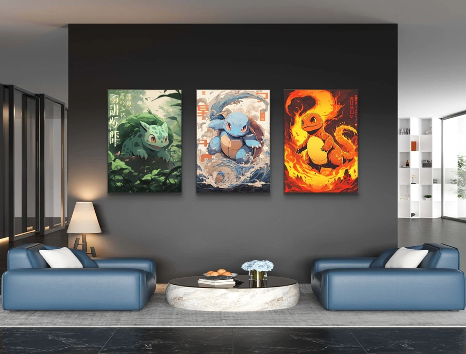 Set of 3 Starter Pokemon Art pieces canvas wall art home decor Portrait Gallery - Image 2 of 4