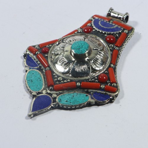 Coral Turquoise Pendant Tibetan Silver Handmade Amulet Blue Lapis Tribal Jewelry - Picture 3 of 7