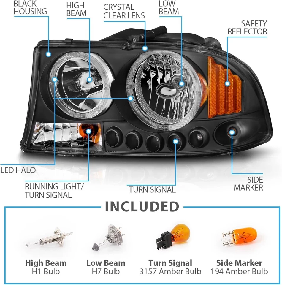 Fits 1997-2004 Dodge Dakota Durango Black LED Halo Headlights lamps LH+RH 2Pcs - Image 3 of 4