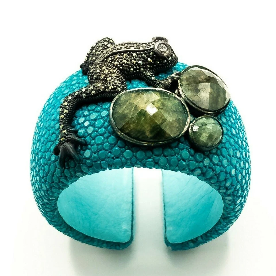 Armreif Rochen Türkis FROSCH Achate Markasit & Emaille 925er Silber - Bild 2 von 4