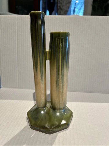 Roseville Art Pottery Russco Green Crystalline Double Bud Vase WOW - Perfect