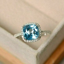 8MM Cushion Cut VVS1 Natural Aquamarine Anniversary Ring 14K White Gold Plated
