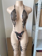 Black Designer /Fishnet One Piece Slingshot With Leg Garters