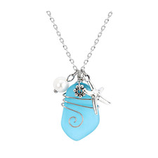 Sea Glass Necklace Beach Necklaces with Starfish Pendant Wire Wrapped Blue Sea