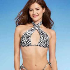 Wild Fable Women's U-Neck Multiway Bralette Bikini Top Black/White Check XS 0-2
