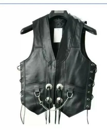 Men's Black Leather Fringed Concho Chain Vest Motorcycle Biker Size XS to 5XL.