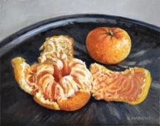 Original Oil Painting Still Life Peeled Orange on Pizza Tin 6 x 7.5 hardboard
