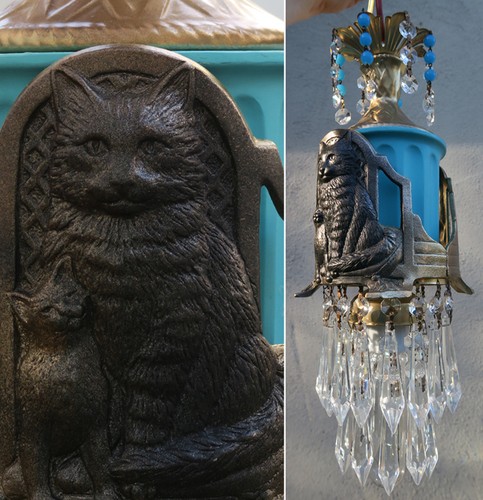 Schwarze Katze Deckenlampe Kronleuchter Messing Tole Glas Türkis Perlen Kristall Deko - Bild 10 von 12