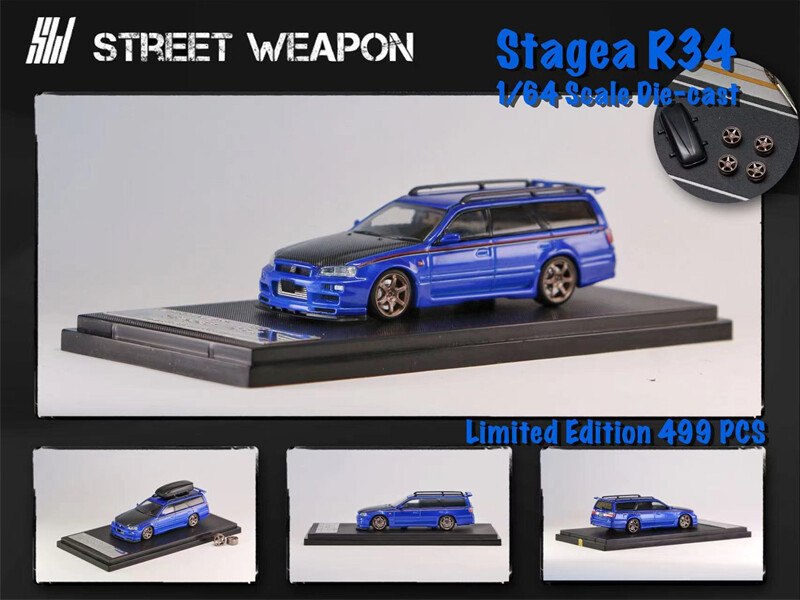 Street Weapon 1:64 Stagea R34 w/Roofbox & Extra Wheels Diecast