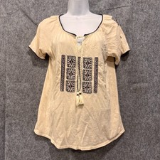 Lucky Brand Peasant Boho Embroidered Tassel Top Shirt Womens Medium Ivory Hippie