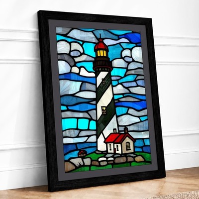 Buntglas Leuchtturm Küste gerahmter Wandkunstdruck Wohndeko fertig zum Aufhängen