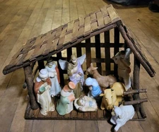 Vintage Ceramic Christmas Nativity Set  11 Pieces  Wooden Manger