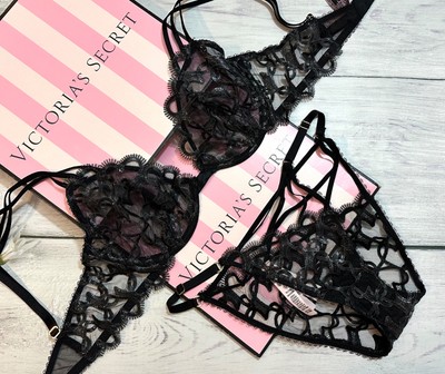 Victoria s Secret Shimmer Heart Embroidery Unlined Balconette Bra Set Black