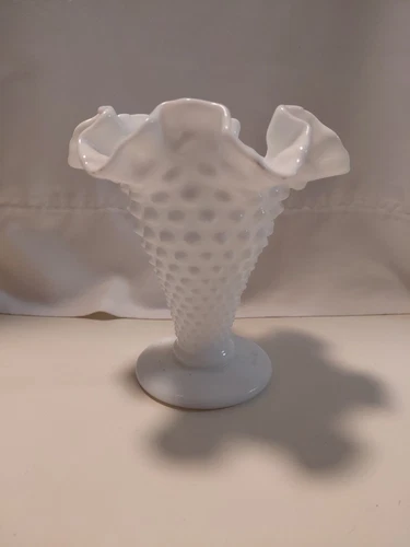 Fenton White Milk Glass Hobnail Ruffled Crimped Trumpet Vase 5-3/4" Tall Vintage