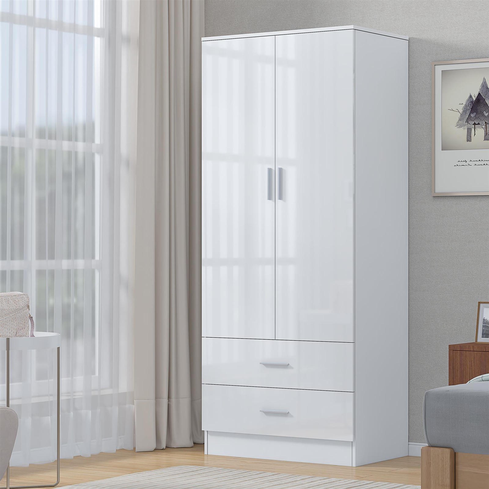 REFLECT 2 Door 2 Drawer Wardrobe - White Gloss Fronts & White Matt Carcass