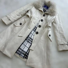 Burberry Long Coat Size 40 Ivory Fox Fur Nova Check A-Line Design