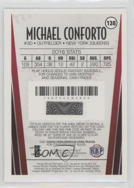 2017 Honus Bonus Fantasy Baseball Game Silver Michael Conforto #138 - Image 2 of 2