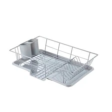 Space-Saving 3-Piece Dish Drainer Rack Set with Cutlery Holder - Silver
