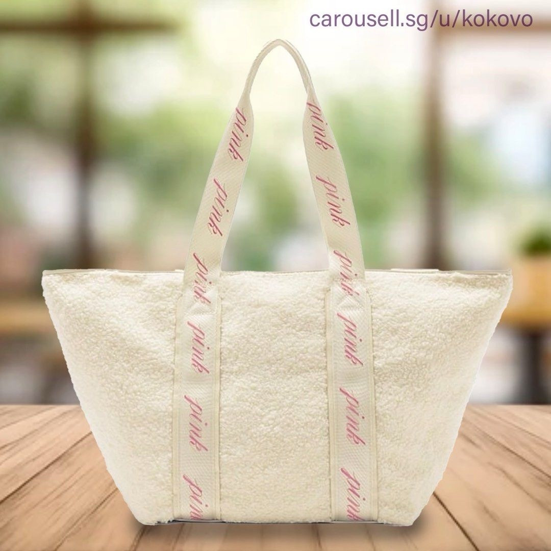 Victoria's Secret Pink Cozy Plush Sherpa Weekender Tote Bag in Cream