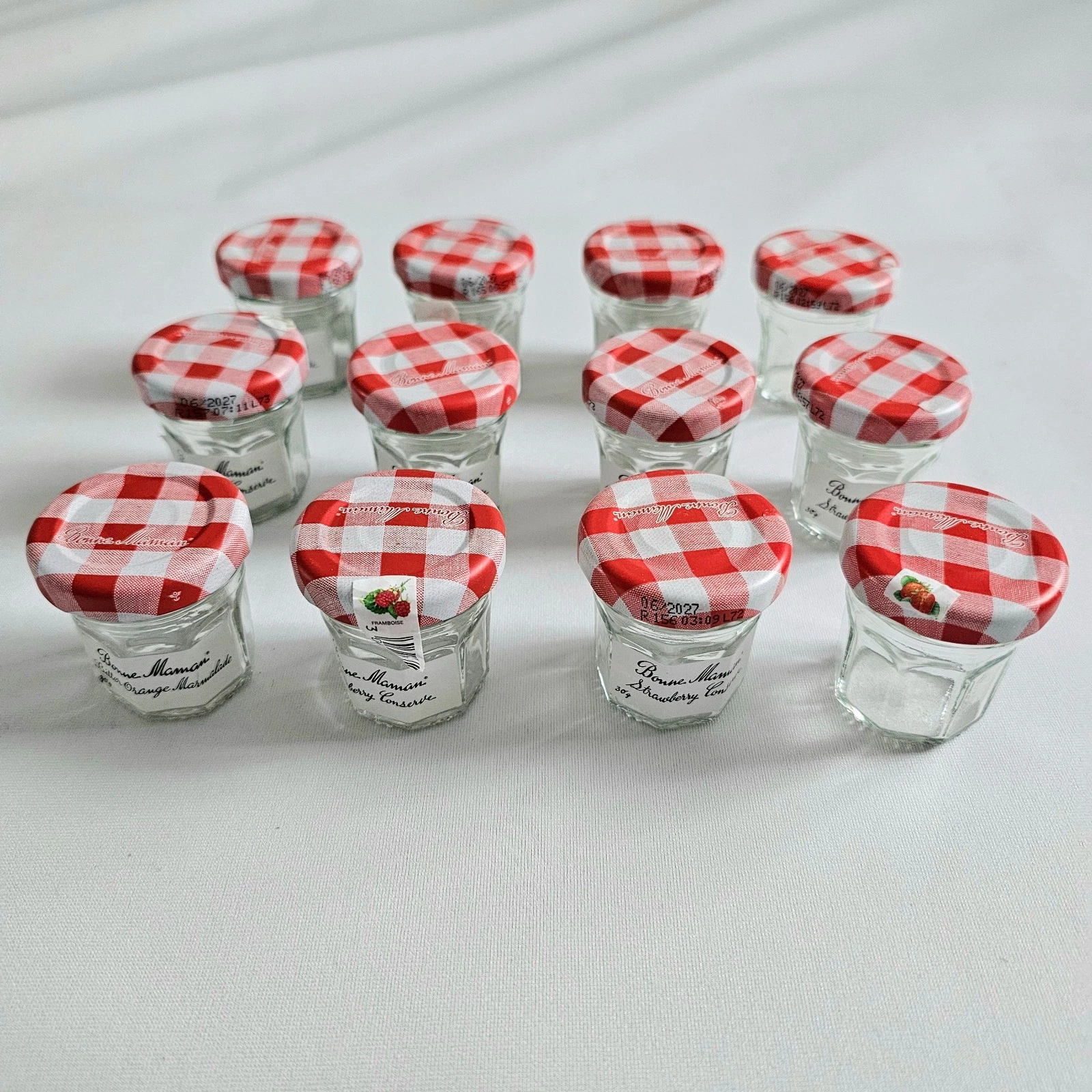 Bonne Maman Mini Glass Jam Jars x12 Red Gingham Lids Empty Washed Party Storage