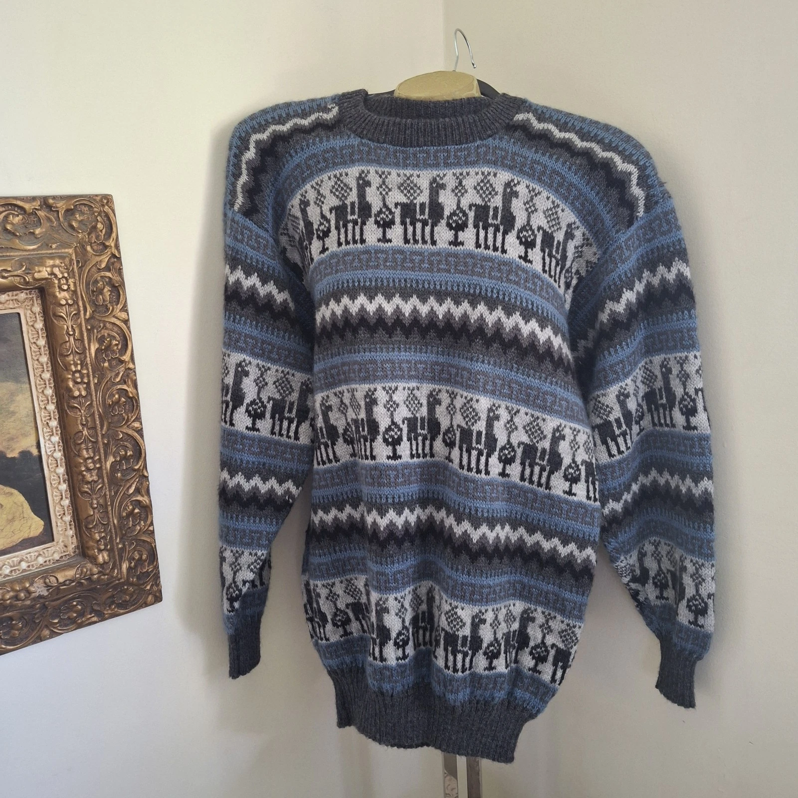 Vintage Handmade Alpaca Wool Sweater Blue/Grey Relaxed Fit Large Unisex