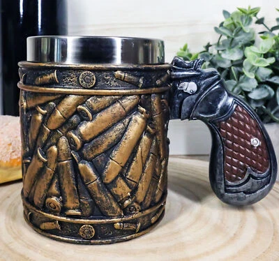 Ebros Gift Rustic Western Golden Pistol With Bullet Round Coffee Mug With Handle