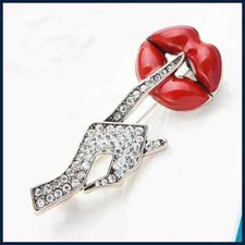 Crystal Women Hand Gesture Red Enamel Lip Brooch Pin Fashion Jewelry Gift Pins