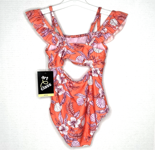 Art Class Girls Orange Floral Print Off Shoulder Swimsuit Size XS (4-5) New! - Picture 7 of 12